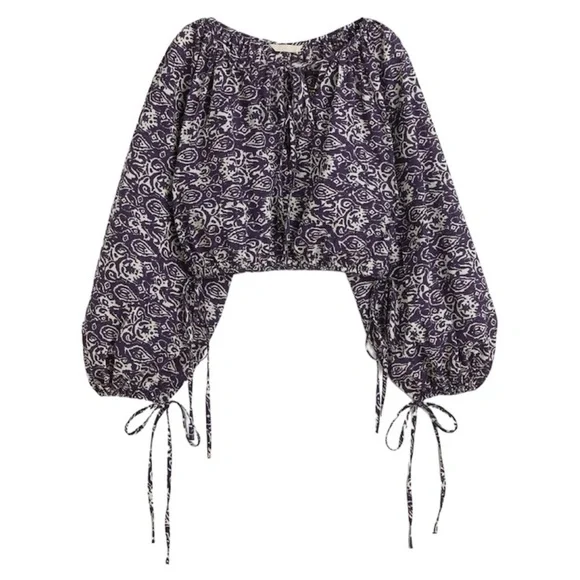 NWT blue white print gauzy cotton balloon sleeve oversized cropped blouse top S - Picture 4 of 13